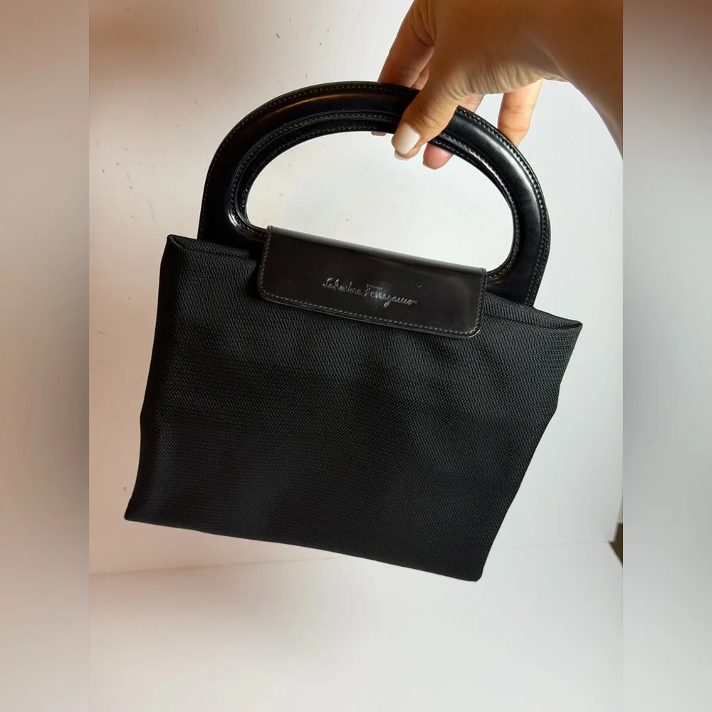 Salvatore Ferragamo Gancini Hand Bag in Black Nylon with Black Leather Trim